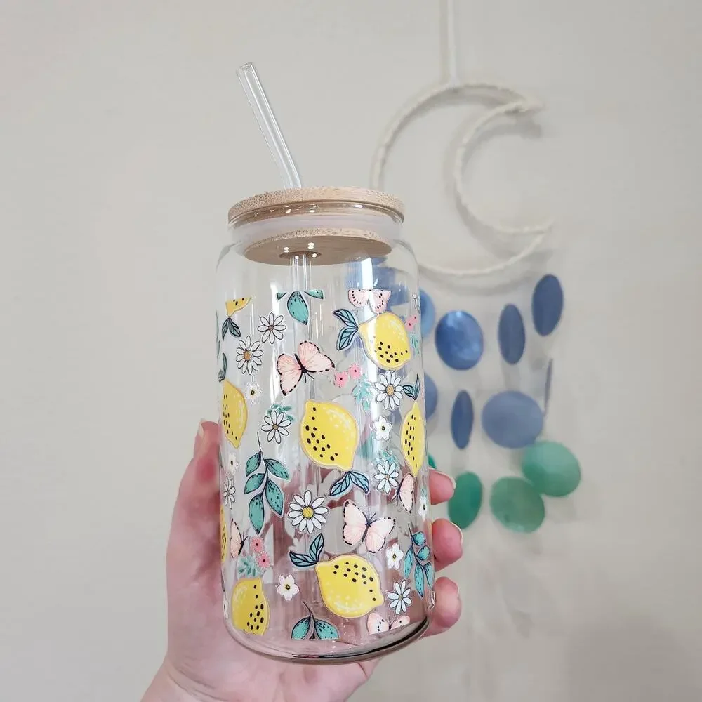 Lemon Meadow Glass Can Tumbler, Cottagecore Iced Coffee Cup Whimsical Fruit